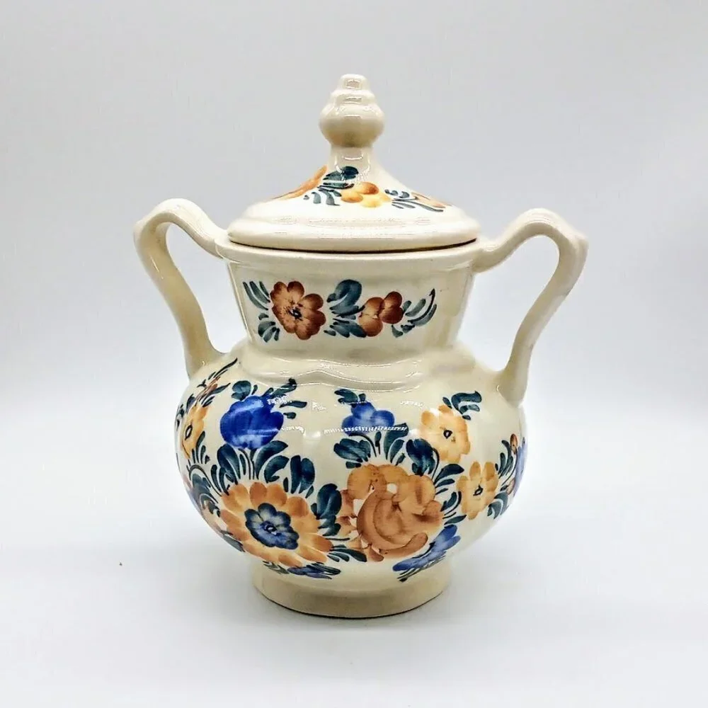 Vintage Wloclawek Poland Handpainted Faience Floral Ceramic Covered Vase